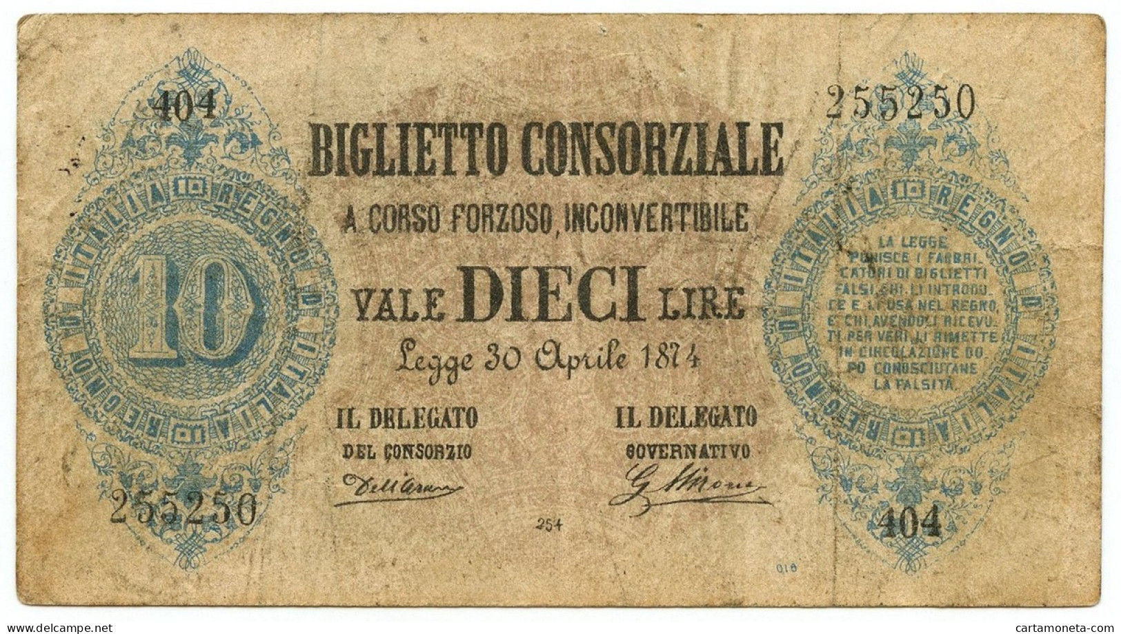 10 LIRE FALSO D'EPOCA BIGLIETTO CONSORZIALE REGNO D'ITALIA 30/04/1874 BB - [ 8] Fakes & Specimens