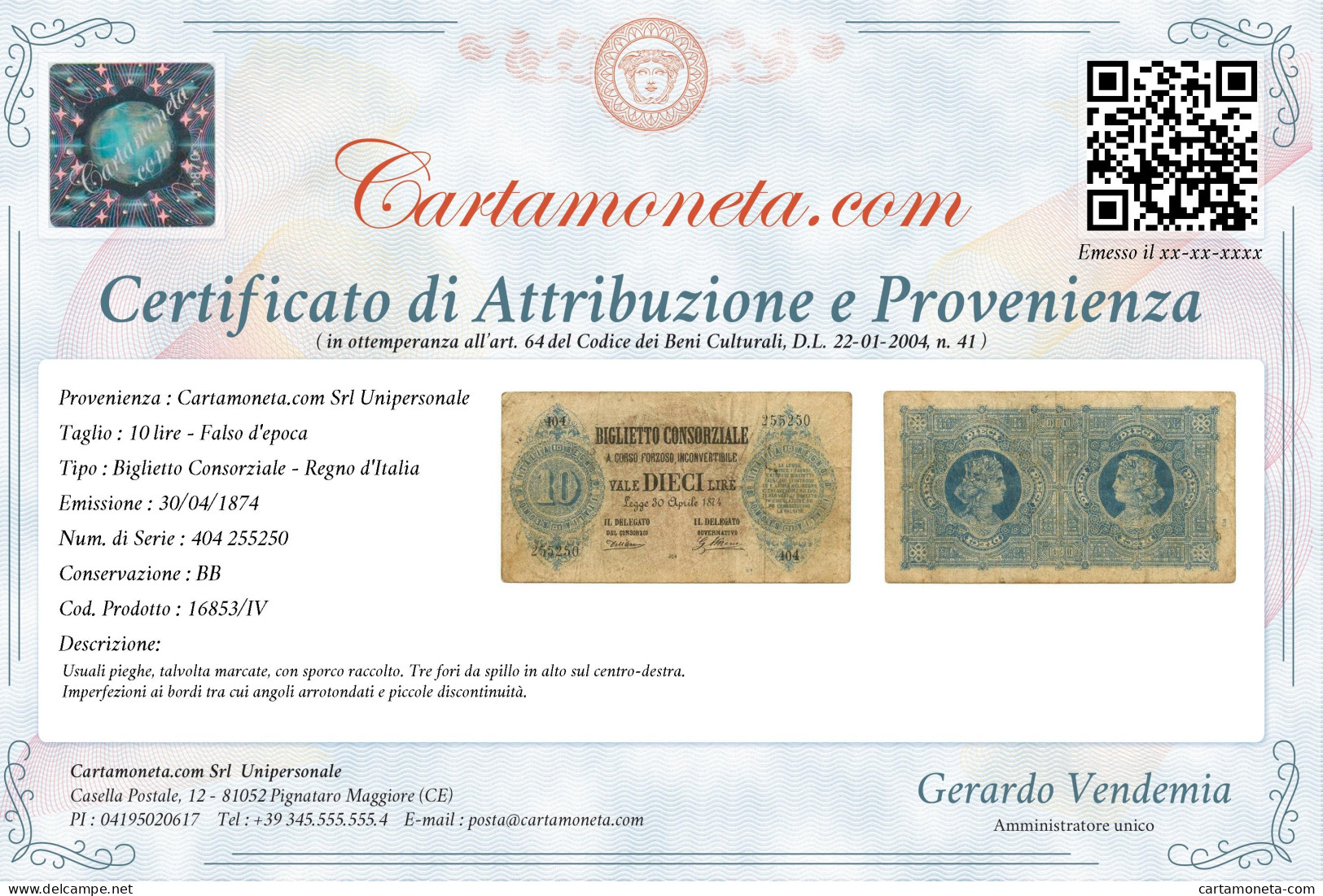 10 LIRE FALSO D'EPOCA BIGLIETTO CONSORZIALE REGNO D'ITALIA 30/04/1874 BB - [ 8] Fakes & Specimens