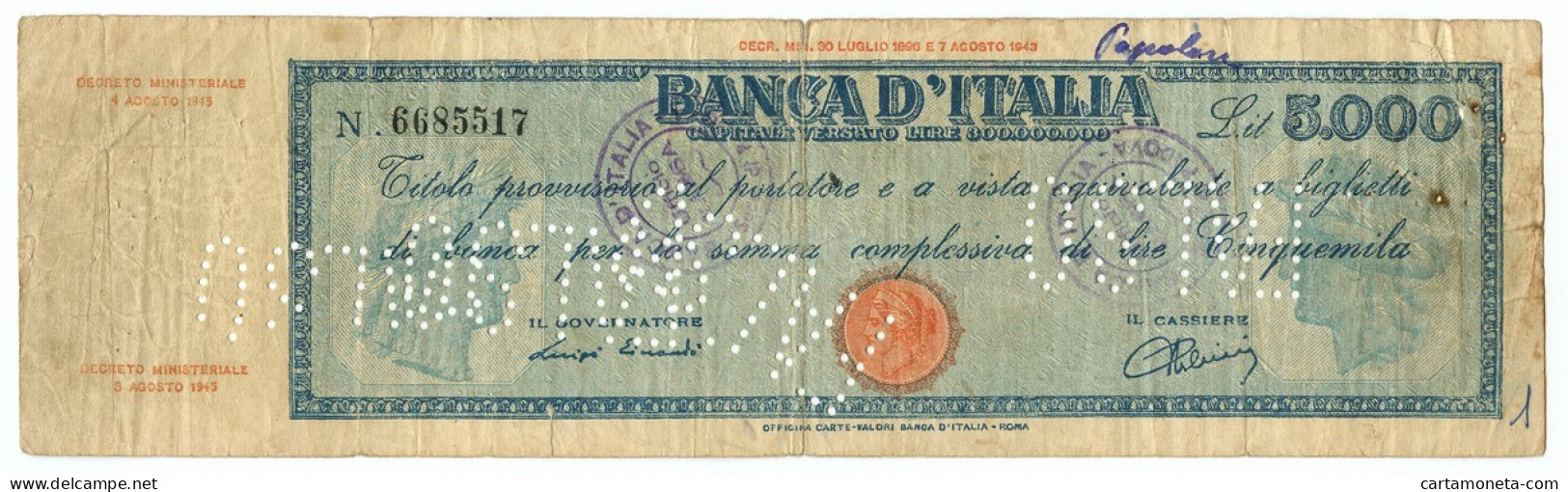 5000 LIRE FALSO D'EPOCA TITOLO PROVVISORIO TESTINA LUOGOTENENZA UMBERTO 1945 MB+ - [ 8] Fictifs & Specimens