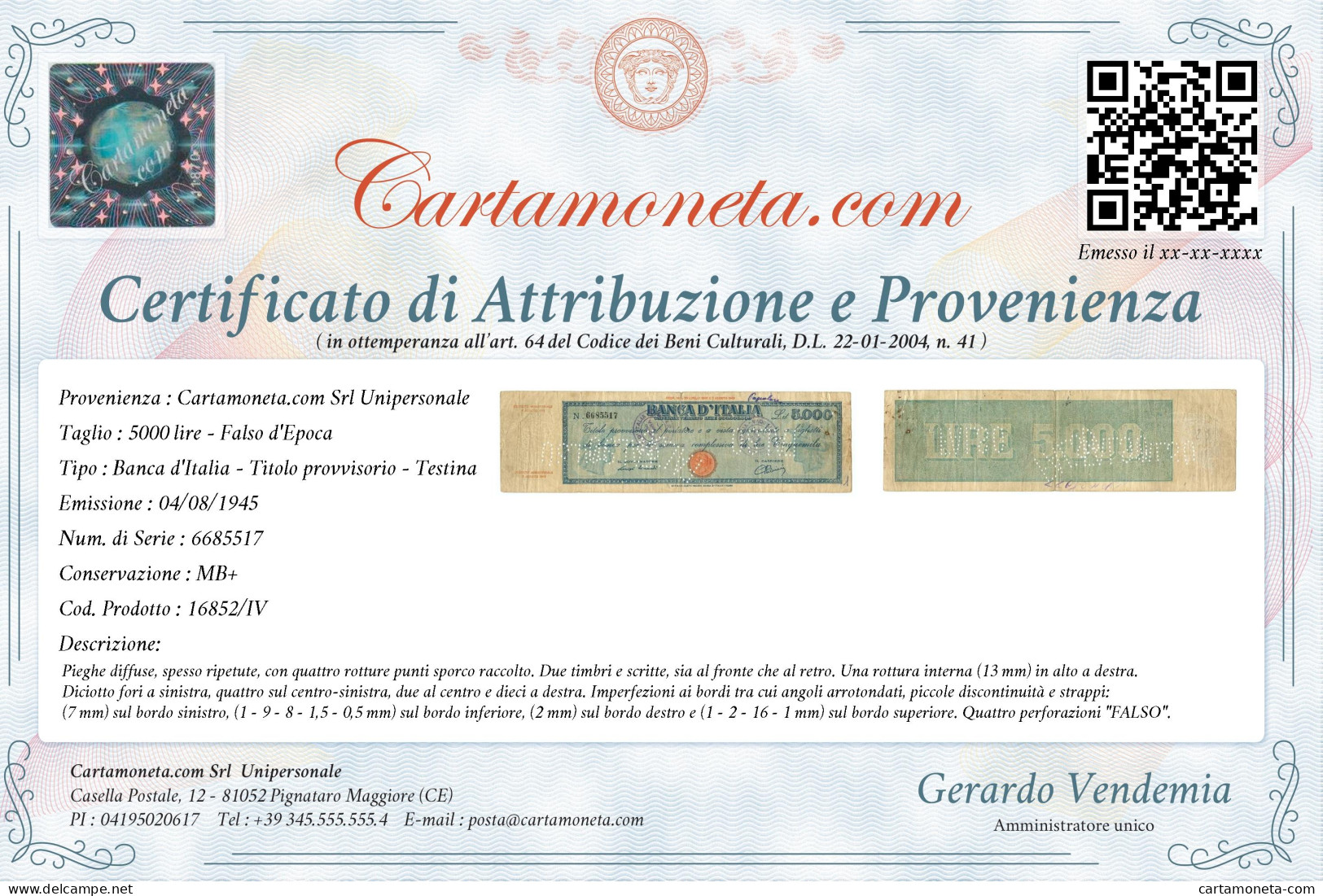 5000 LIRE FALSO D'EPOCA TITOLO PROVVISORIO TESTINA LUOGOTENENZA UMBERTO 1945 MB+ - [ 8] Ficticios & Especimenes