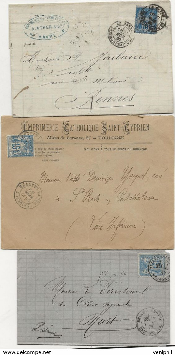 LOT DE 7 LETTRES TYPE SAGE N° 90 - OBLITERATIONS  DIVERSES - ANNEES 1879 A 1899 - 1876-1898 Sage (Tipo II)