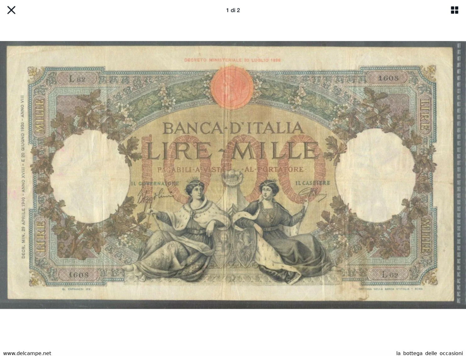 Italia Regno Banconota Da 1000  Lire Vittorio Emanuele III Decreto  29/4/1940 Rara Ottima Conservazione - 1000 Lire