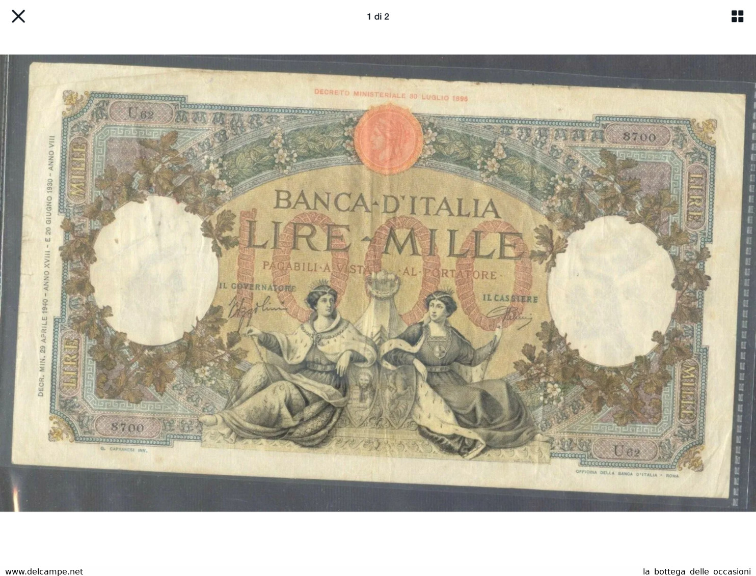 Italia Regno Banconota Da 1000  Lire Vittorio Emanuele III Decreto  29/4/1940 Rara Ottima Conservazione - 1000 Lire