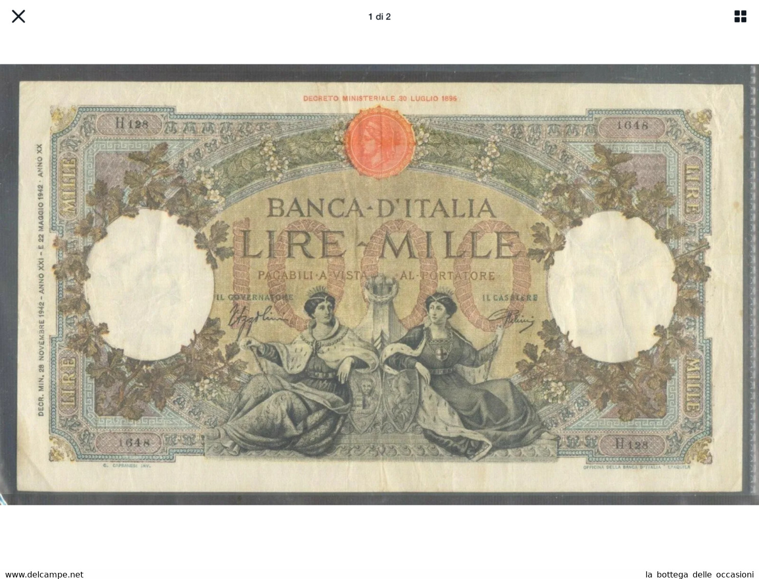 Italia Regno Banconota Da 1000  Lire Vittorio Emanuele III Decreto    28 11 1942 Rara Ottima Conservazione - 1000 Lire
