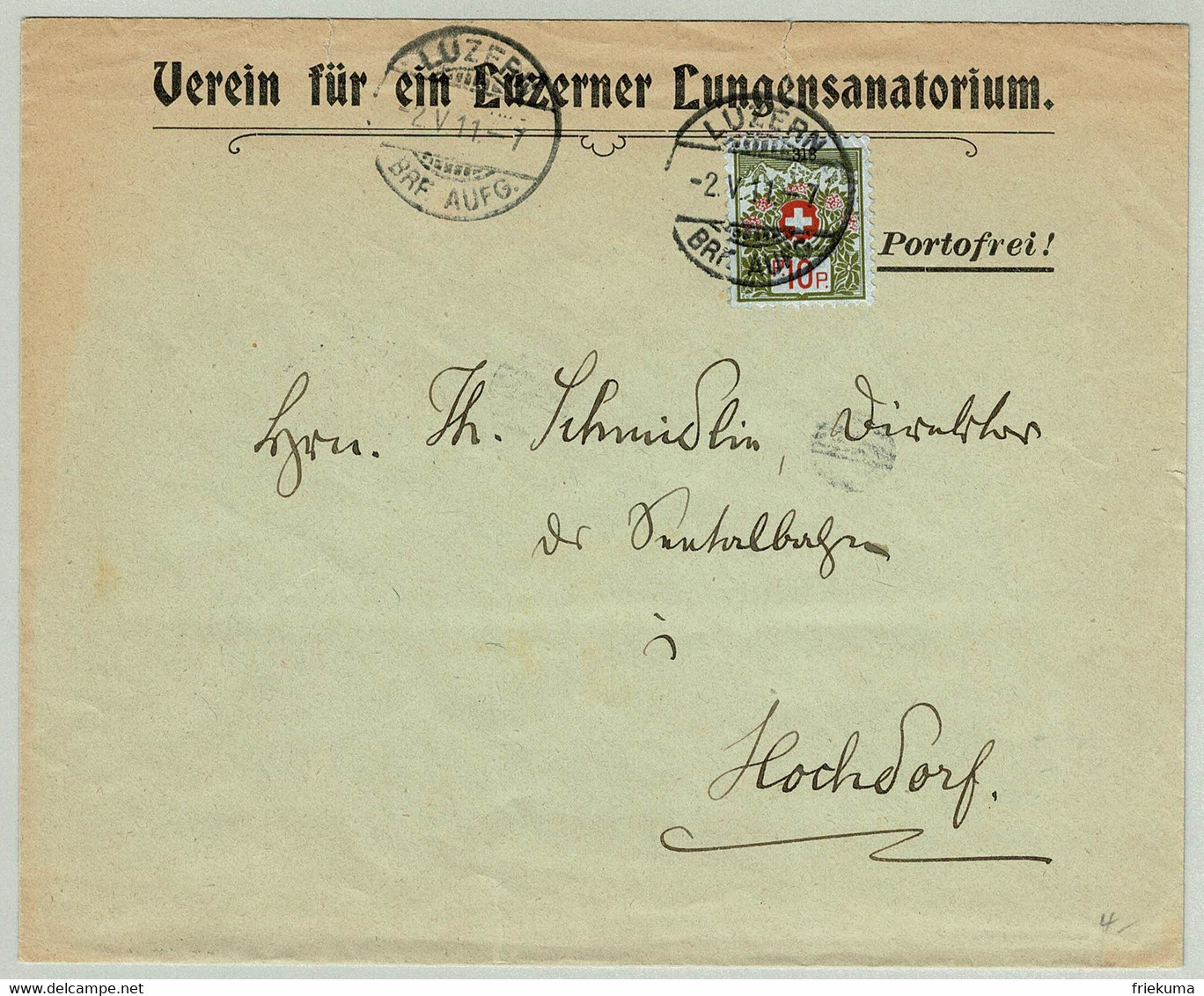 Schweiz 1911, Brief Luzern - Hochdorf, Portofreiheit Verein Für Ein Luzerner Lungensanatorium - Vrijstelling Van Portkosten