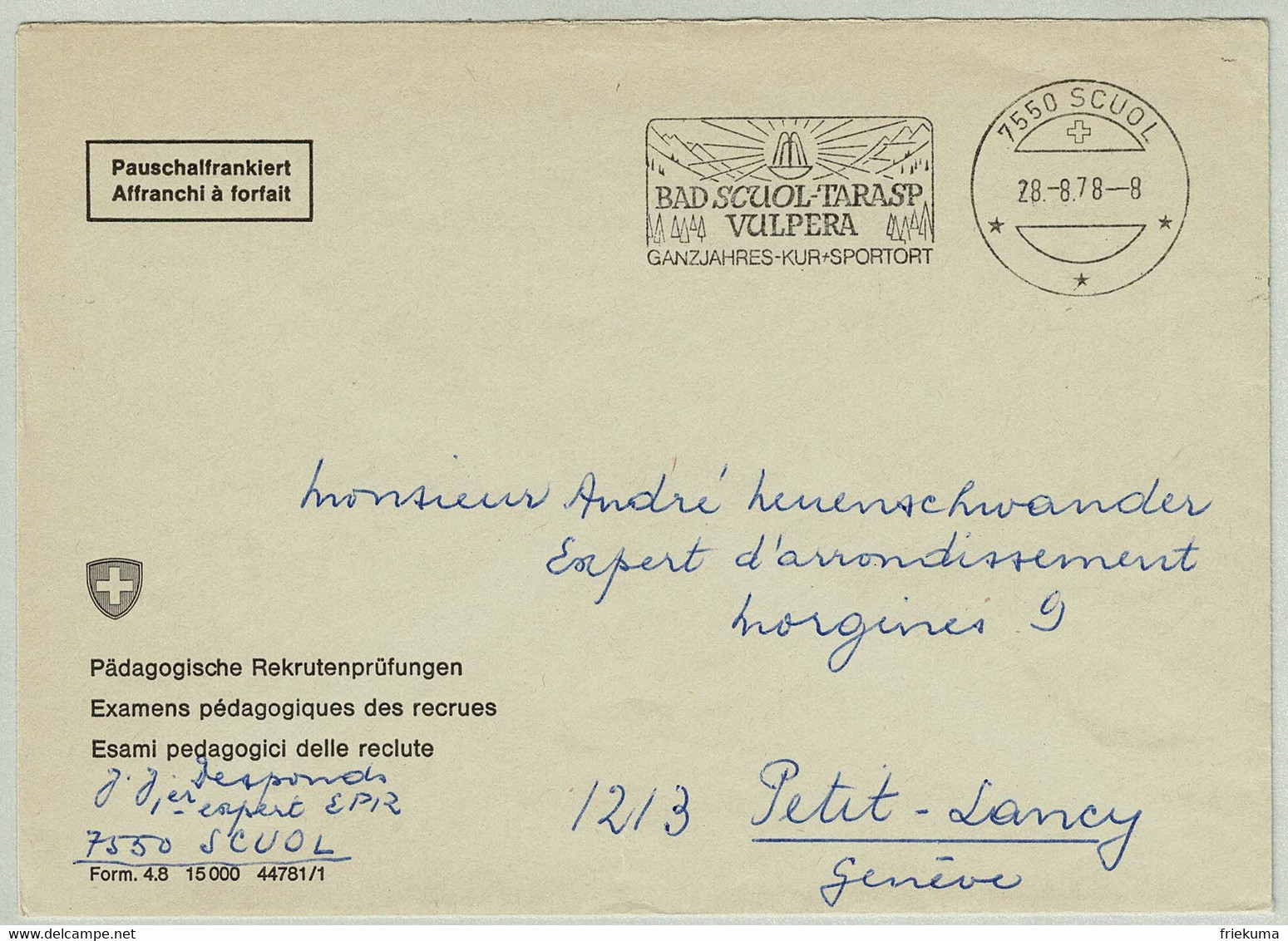Schweiz 1978, Brief Pauschalfrankiert / Affranchissement à Forfait Scuol - Petit-Lancy, Ortswerbeflagge Bad/Bain/Bath - Termalismo