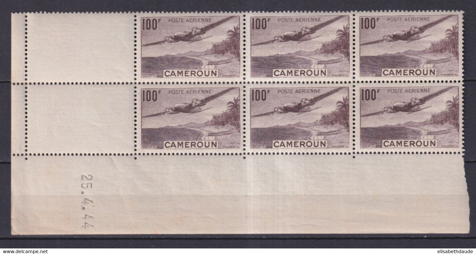 CAMEROUN - 1944 - POSTE AERIENNE - YVERT N° 30 ** MNH BLOC De 6 ! COIN DATE - - Unused Stamps