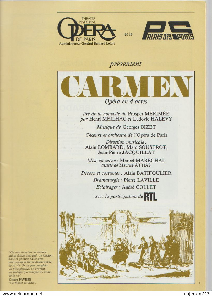 Programme : CARMEN, De Georges BIZET - PALAIS DES SPORTS 1981 - MARCEL MARECHAL - Musica