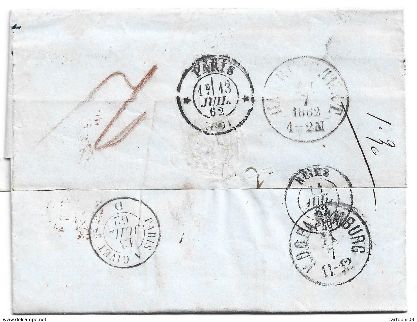 1862 DENMARK DANMARK - STAMPLESS LETTER TO FRANCE VIA GERMANY SUPERB CIRCULATION - Covers & Documents