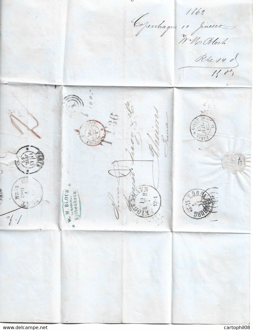 1862 DENMARK DANMARK - STAMPLESS LETTER TO FRANCE VIA GERMANY SUPERB CIRCULATION - Covers & Documents