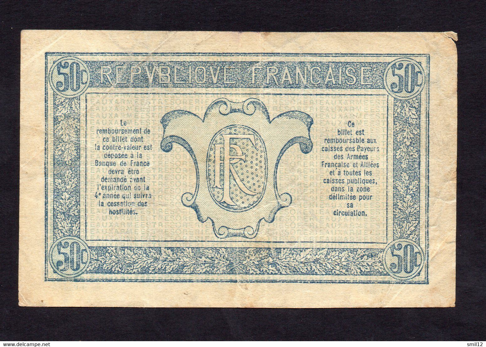 Trésorerie Aux Armées - 50 Centimes - Lettre S - - 1917-1919 Legerschatkist