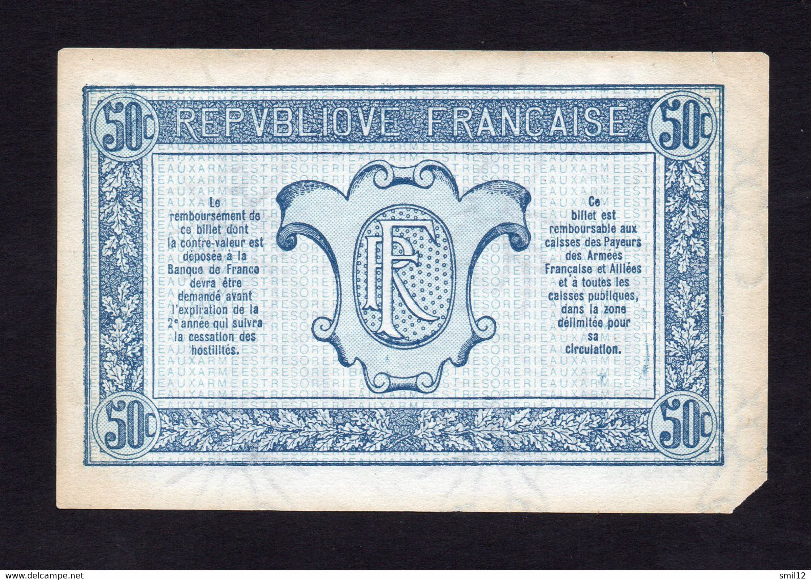 Trésorerie Aux Armées - 50 Centimes - Lettre Q (petit Manque) - 1917-1919 Legerschatkist