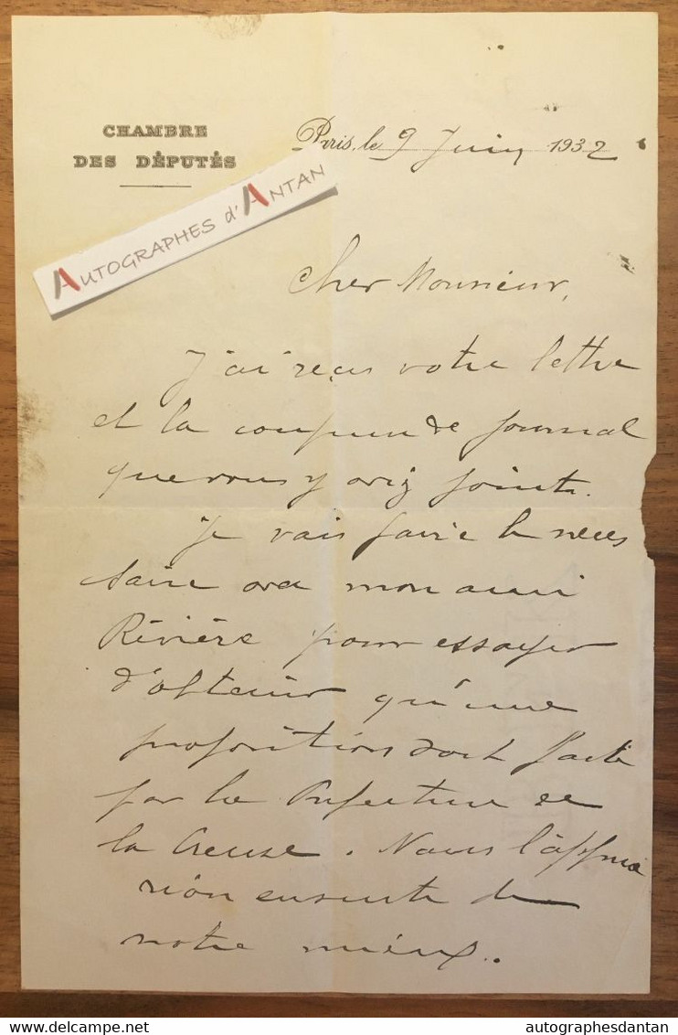 ● L.A.S 1932 Albert PAULIN Député - Prefecture CREUSE -  (Levet 1881 -- Sayat 1955) Lettre Autographe Politique - Politisch Und Militärisch