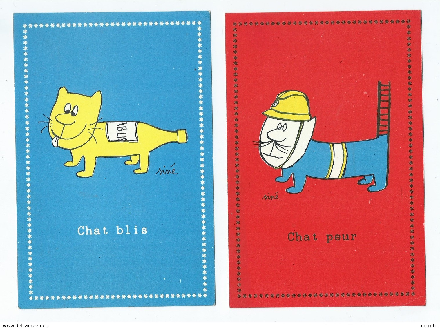 6 Cartes - Illustrateurs Siné - Chat  ,blis , Peur , Scie , Rabia , Thon ,marré  -(  Chats  , Illustrateur  )) - Sine