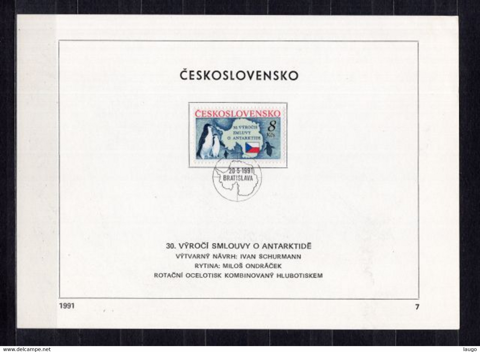 Czechoslovakia First Day Sheet  Mi 3086 Antarctic Treaty Penguins Map   1991 - Faune Arctique