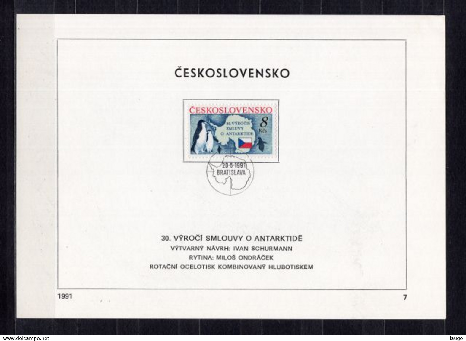 Czechoslovakia First Day Sheet  Mi 3086 Antarctic Treaty Penguins Map   1991 - Arctic Tierwelt