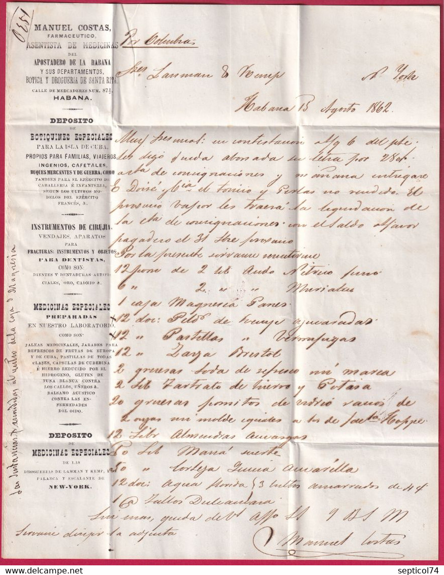 LETTRE DE CUBA LA HAVANE HAVANA 1862 POUR NEW YORK USA STEALSHIP 20 LETTRE COVER FRANCE - Voorfilatelie