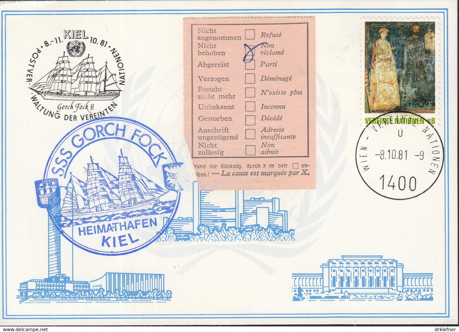 UNO WIEN  Weiße Karte 14, Kiel 8.10.1981, Echt Gelaufen, Mit Schiffsstempel SSS Gorch Fock - Covers & Documents