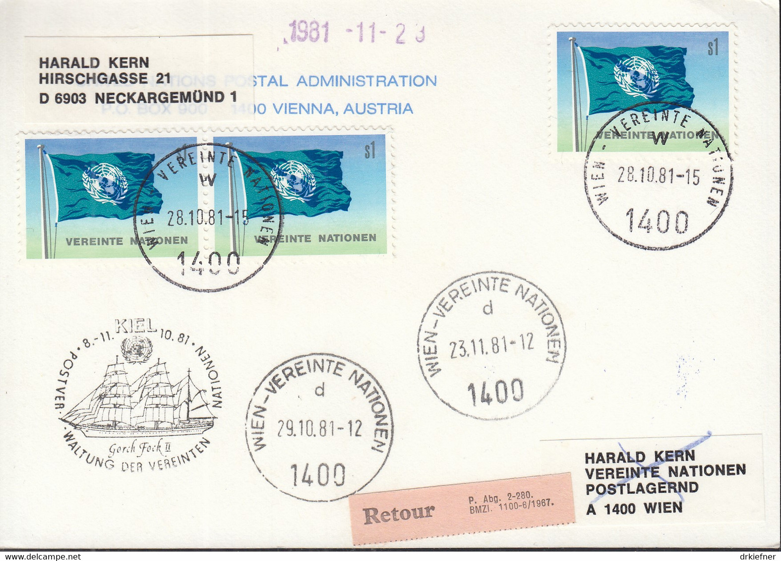 UNO WIEN  Weiße Karte 14, Kiel 8.10.1981, Echt Gelaufen, Mit Schiffsstempel SSS Gorch Fock - Covers & Documents
