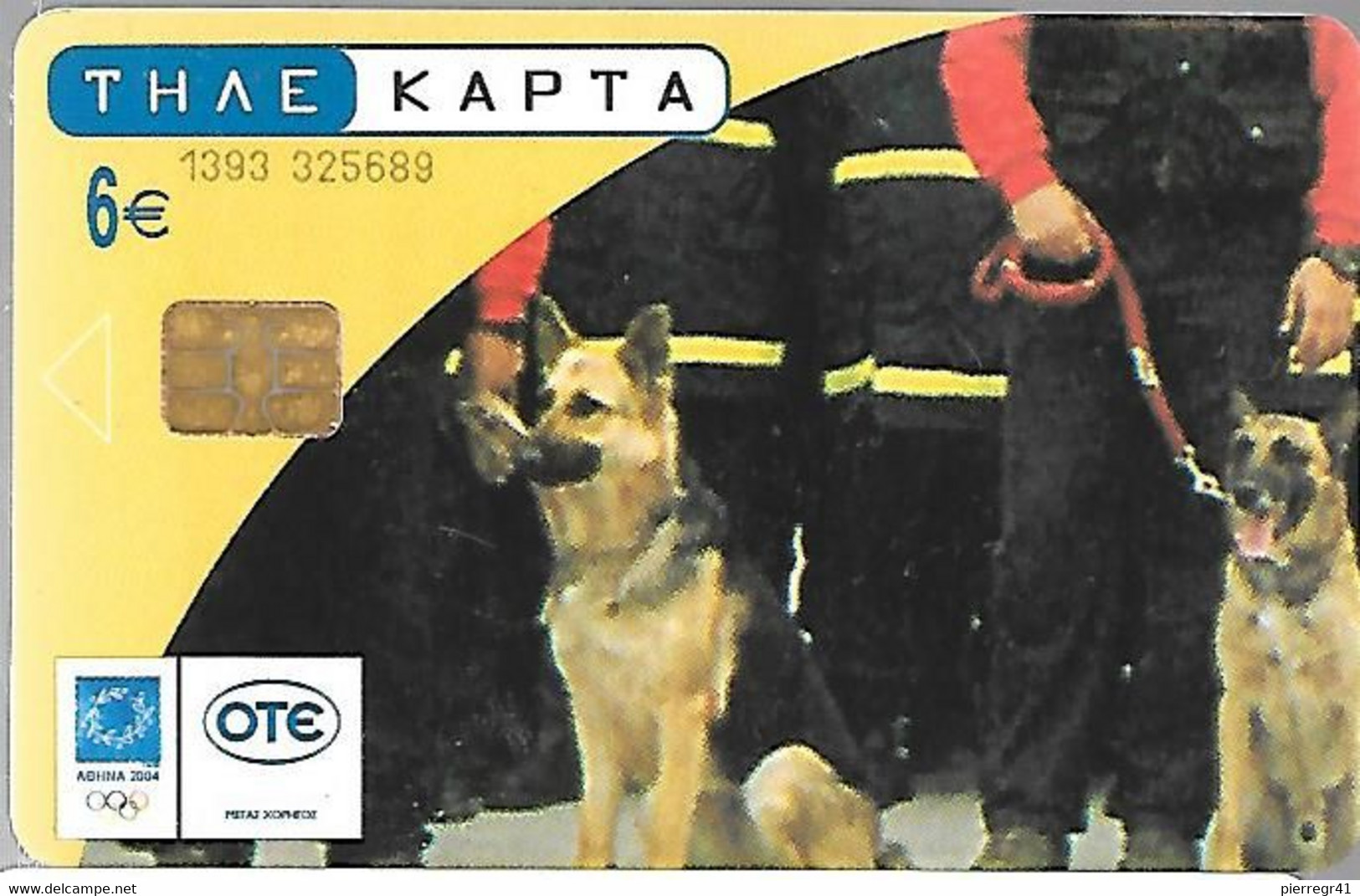 CARTE-PUCE-GRECE-6€/07/03-CHIENS BERGER ALLEMANDS De POLICE-Utilisé-TBE - Perros