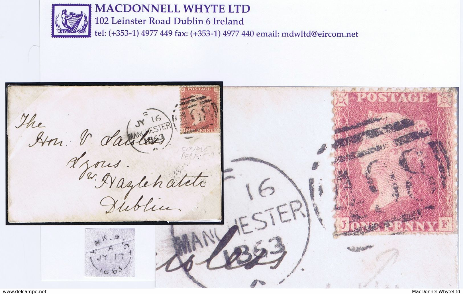 GB 1863 LC14 1d Red Plate 67 JF Var "Double Perfs At Bottom" Used On Cover Manchester To Ireland - Briefe U. Dokumente