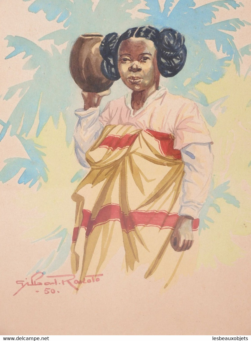 *AQUARELLE ANCIENNE SIGNEE Daté 1950 JEUNE AFRICAINE SOUS VERRE COLLECTION   E - Aquarelles