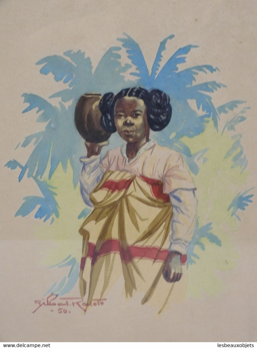 *AQUARELLE ANCIENNE SIGNEE daté 1950 JEUNE AFRICAINE SOUS VERRE COLLECTION   E