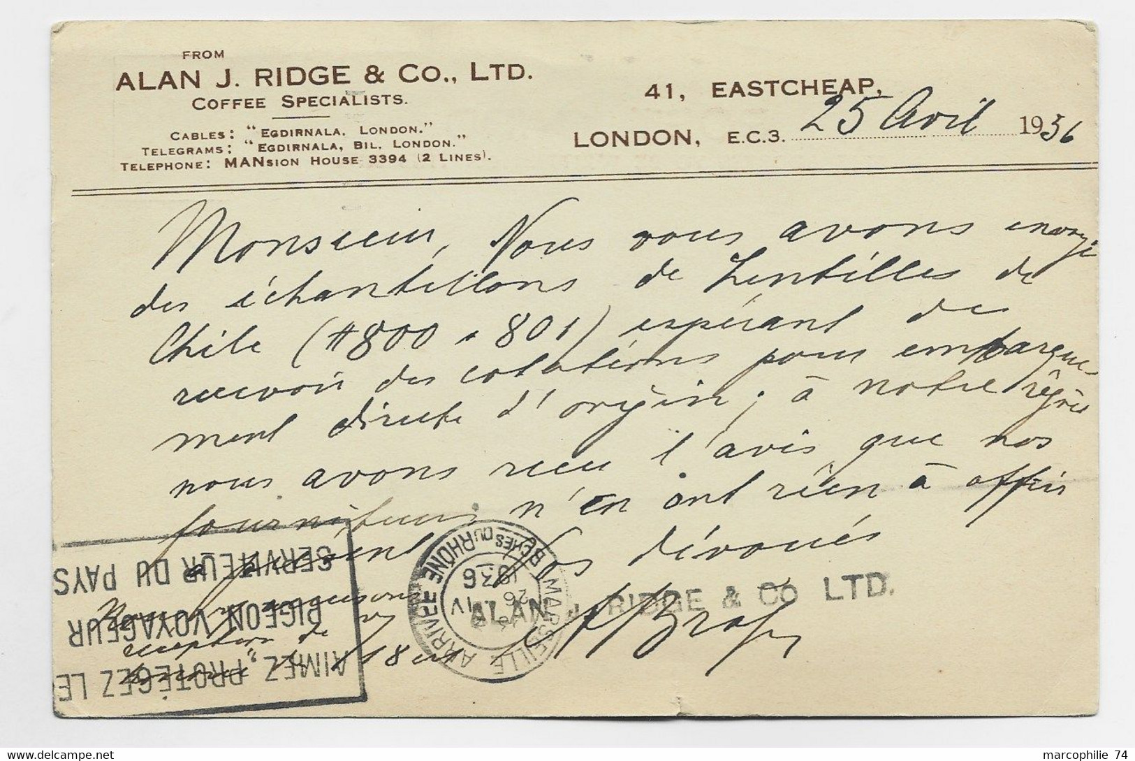 ENGLAND HALF PENNY X3 PERFIN PERFORE A.J.R POST CARD ALAN J. RIDGE &CO LTD LONDON 1936 TO FRANCE - Cartas & Documentos