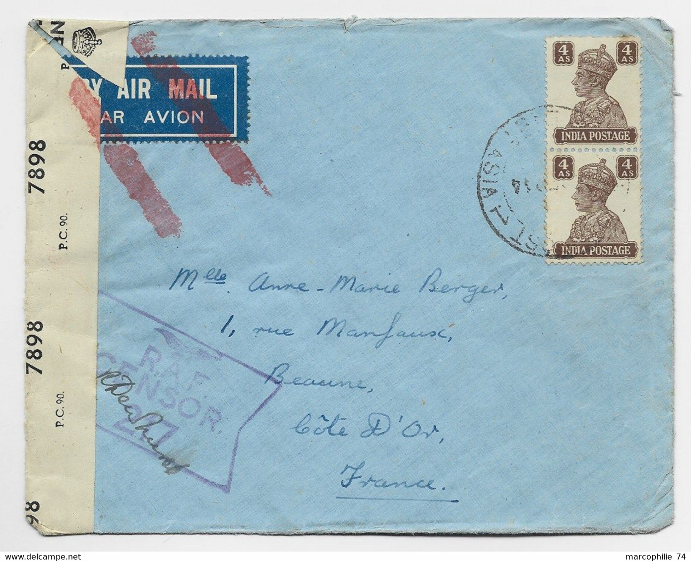 INDIA 4AS PAIRE LETTRE COVER ASIA 194? TO FRANCE CENSOR + RAF CENSOR - 1936-47 Roi Georges VI