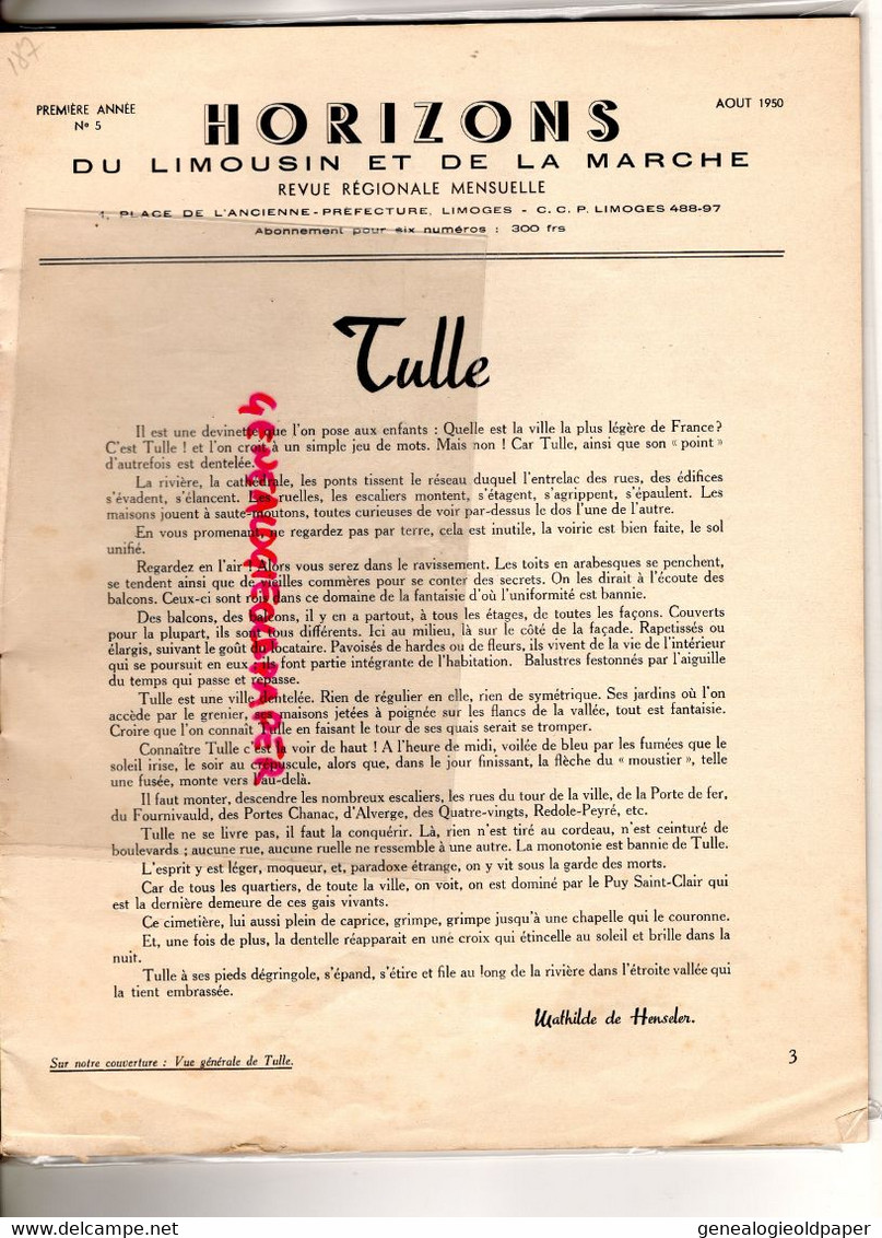 19- TULLE- RARE REVUE HORIZONS DU LIMOUSIN ET DE LA MARCHE-N° 5-1950-GEORGES GAUDY ST SAINT JUNIEN-AMBAZAC-COMPREIGNAC - Limousin