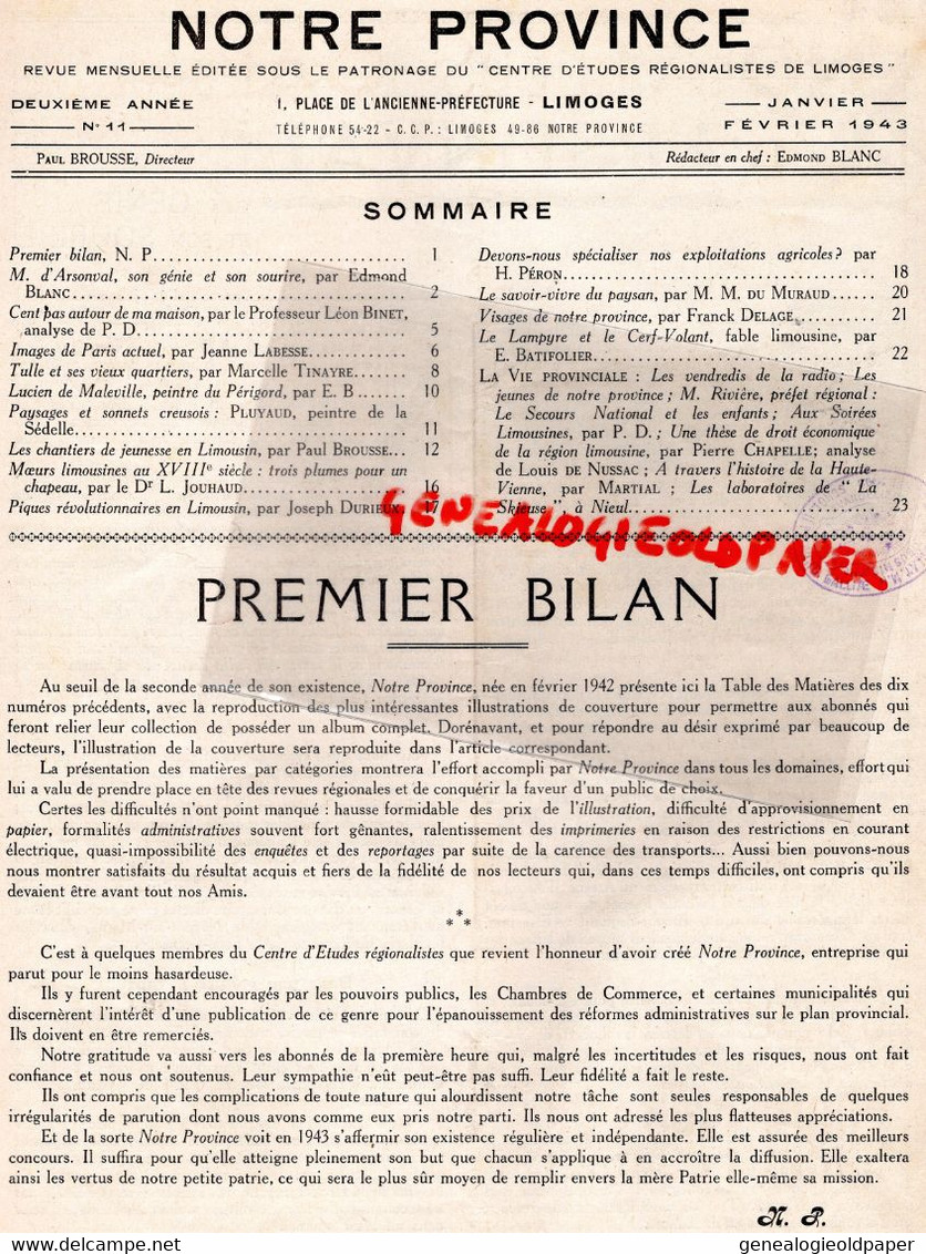 87- LIMOGES-LIMOUSIN-REVUE NOTRE PROVINCE-JANVIER 1943-D' ARSONVAL-TULLE-MEZIERES EN BRENNE CHANTIERS JEUNESSE-PLUYAUD - Limousin