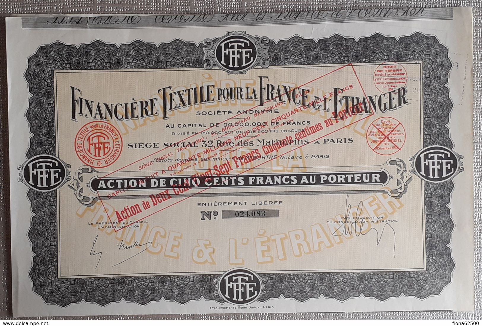 FINANCIERE TEXTILE POUR LA FRANCE & L'ETRANGER . ACTION DE CINQ CENTS FRANCS AU PORTEUR . - Textiel