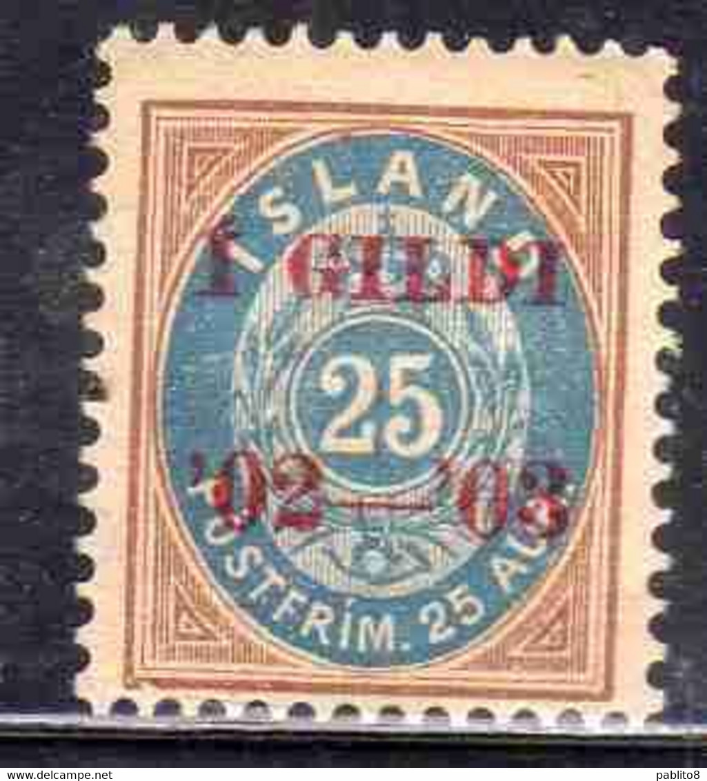 ISLANDA ICELAND ISLANDE 1902 1903 NUMERAL STAMPS OF 1882 - 1901 OVERPRINTED 1 GILDI 25a MLH - Unused Stamps