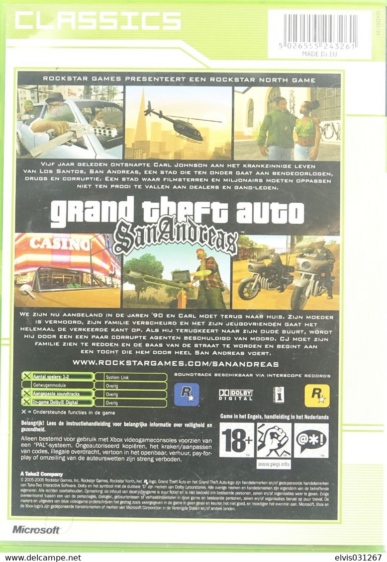 MICROSOFT XBOX ORIGINAL : GRAND THEFT AUTO GTA SAN ANDREAS CLASSICS - ROCKSTAR - Xbox