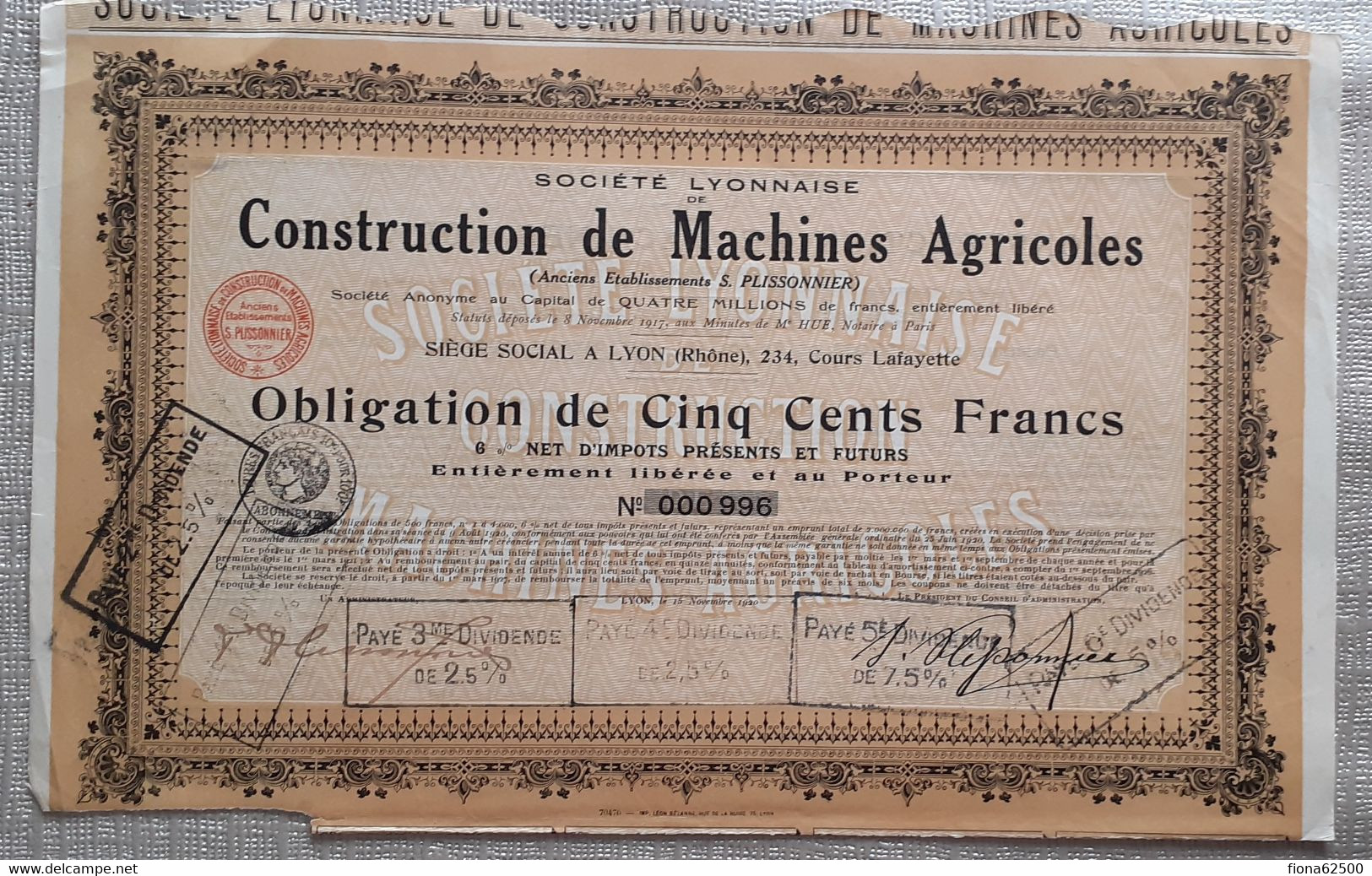 SOCIETE LYONNAISE DE CONSTRUCTION DE MACHINES AGRICOLES . OBLIGATION DE CINQ CENTS FRANCS . - Agriculture