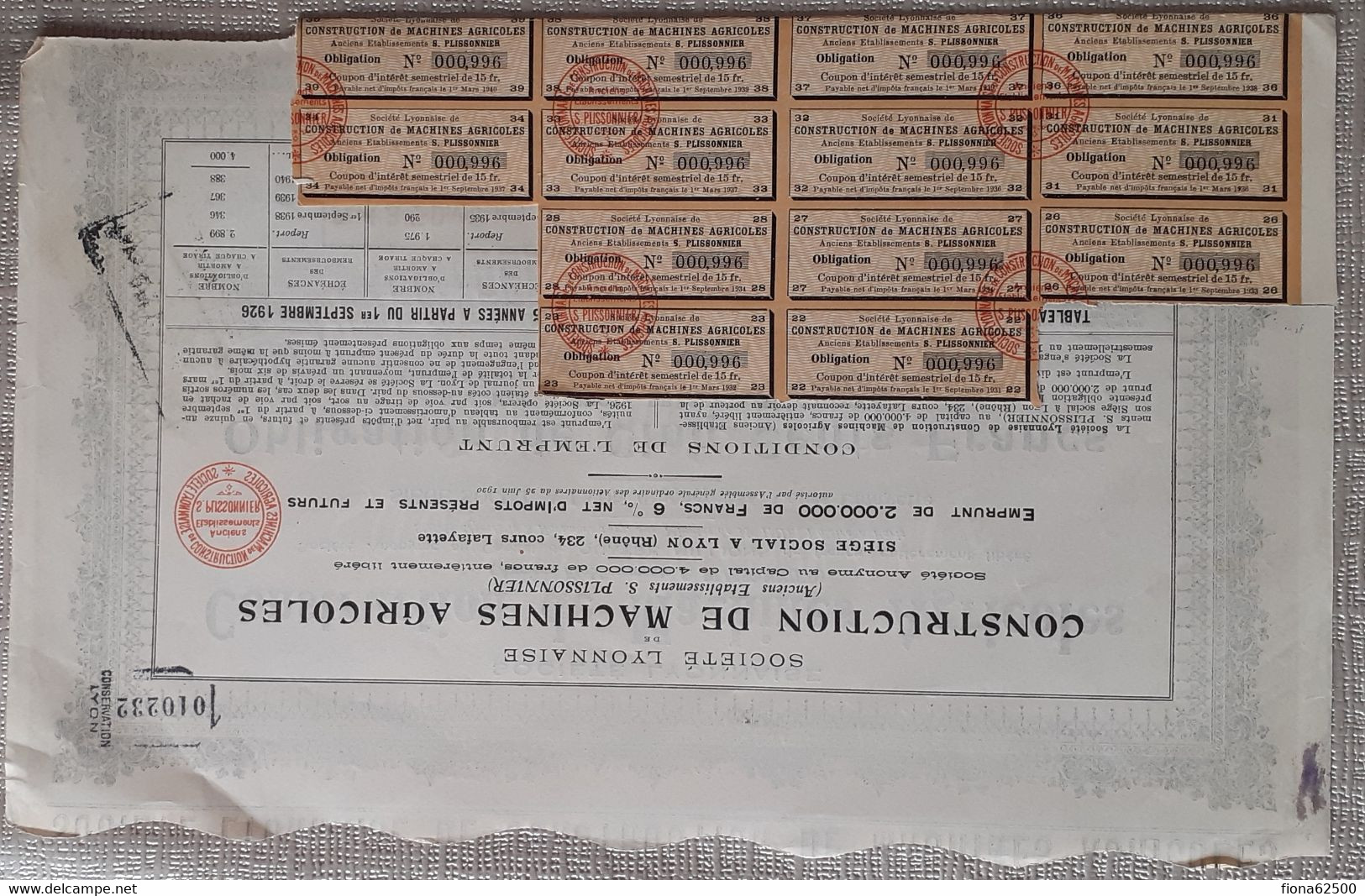 SOCIETE LYONNAISE DE CONSTRUCTION DE MACHINES AGRICOLES . OBLIGATION DE CINQ CENTS FRANCS . - Agriculture