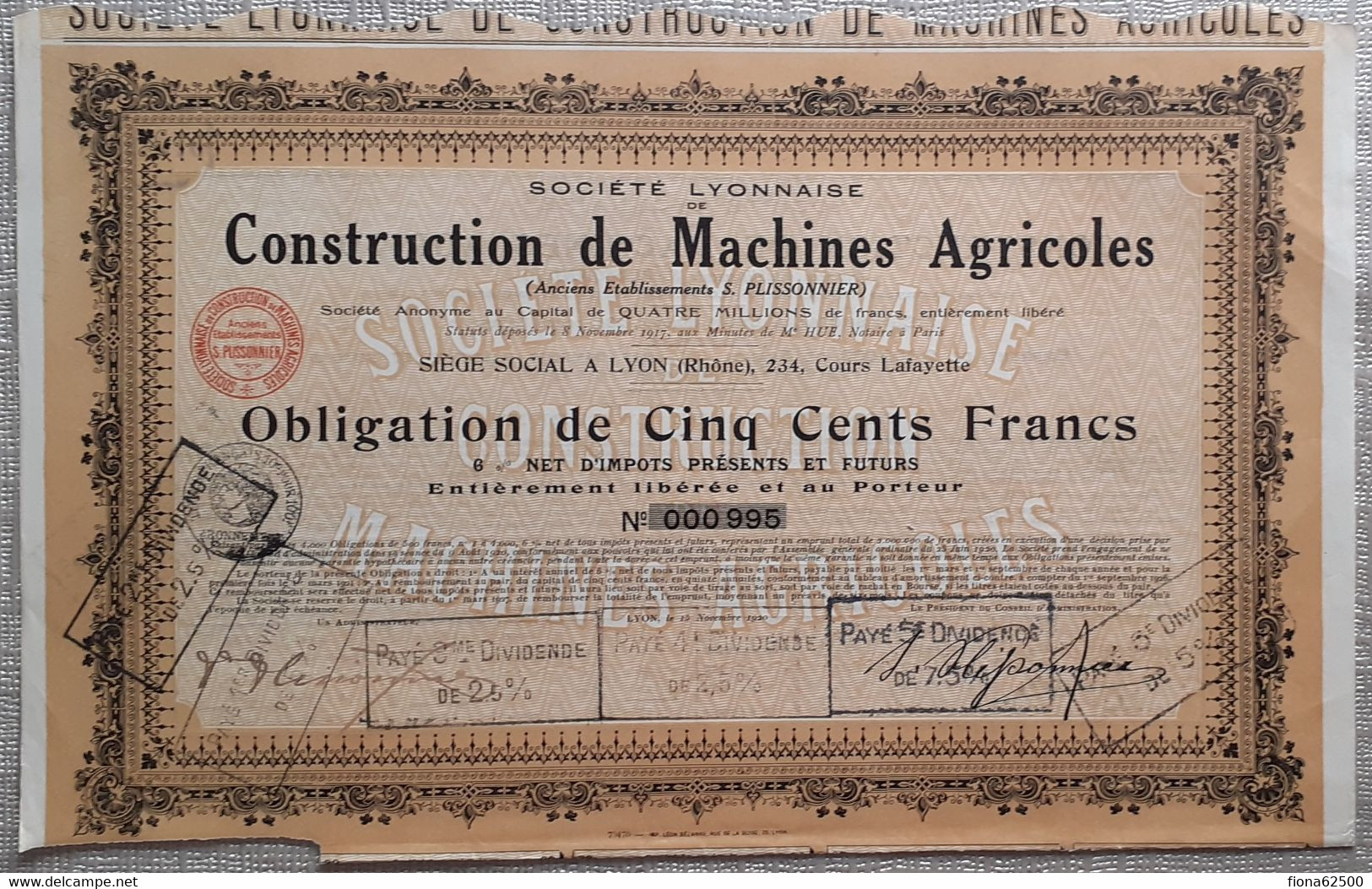 SOCIETE LYONNAISE DE CONSTRUCTION DE MACHINES AGRICOLES . OBLIGATION DE CINQ CENTS FRANCS . - Agriculture