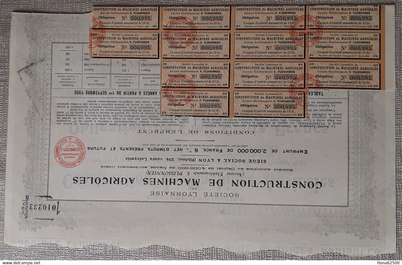 SOCIETE LYONNAISE DE CONSTRUCTION DE MACHINES AGRICOLES . OBLIGATION DE CINQ CENTS FRANCS . - Agriculture