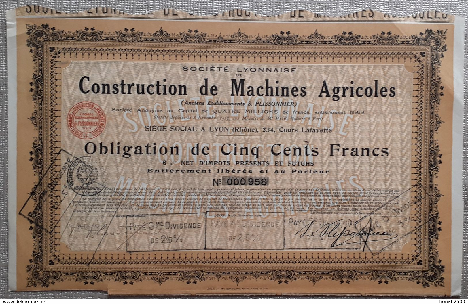 SOCIETE LYONNAISE DE CONSTRUCTION DE MACHINES AGRICOLES . OBLIGATION DE CINQ CENTS FRANCS . - Agriculture