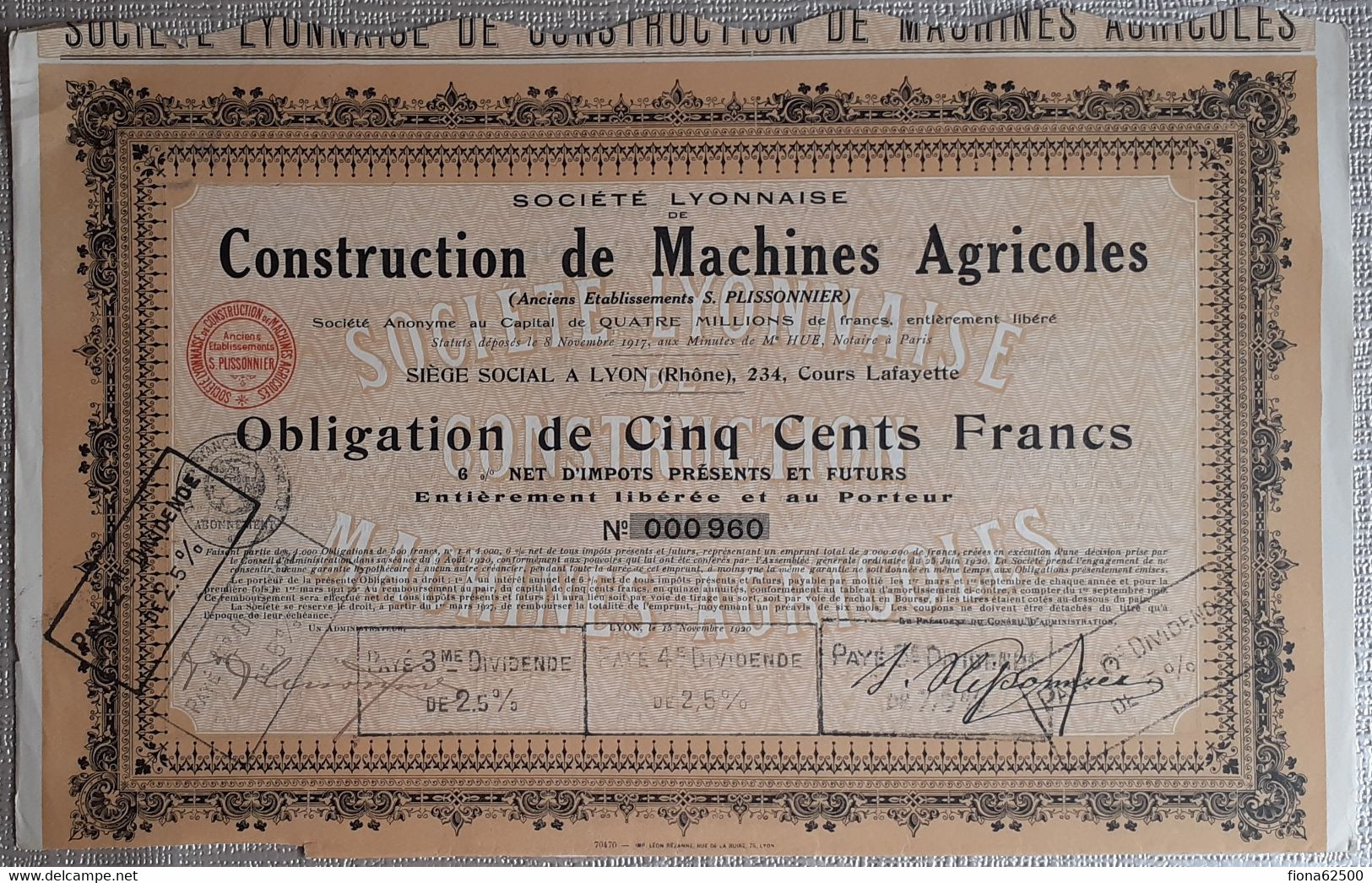 SOCIETE LYONNAISE DE CONSTRUCTION DE MACHINES AGRICOLES . OBLIGATION DE CINQ CENTS FRANCS . - Agriculture