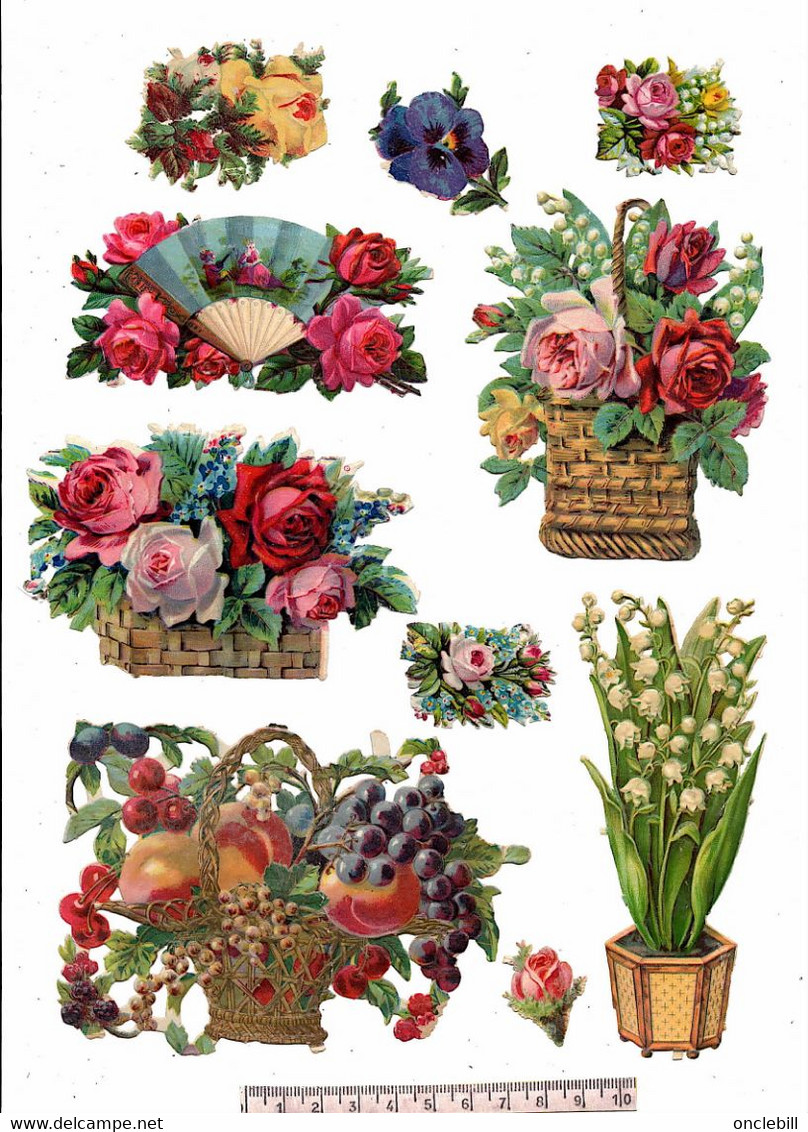 lot 60 découpis gaufrés ou non fleurs fruits roses marguerites muguet...1900 état très bon voir photos recto verso