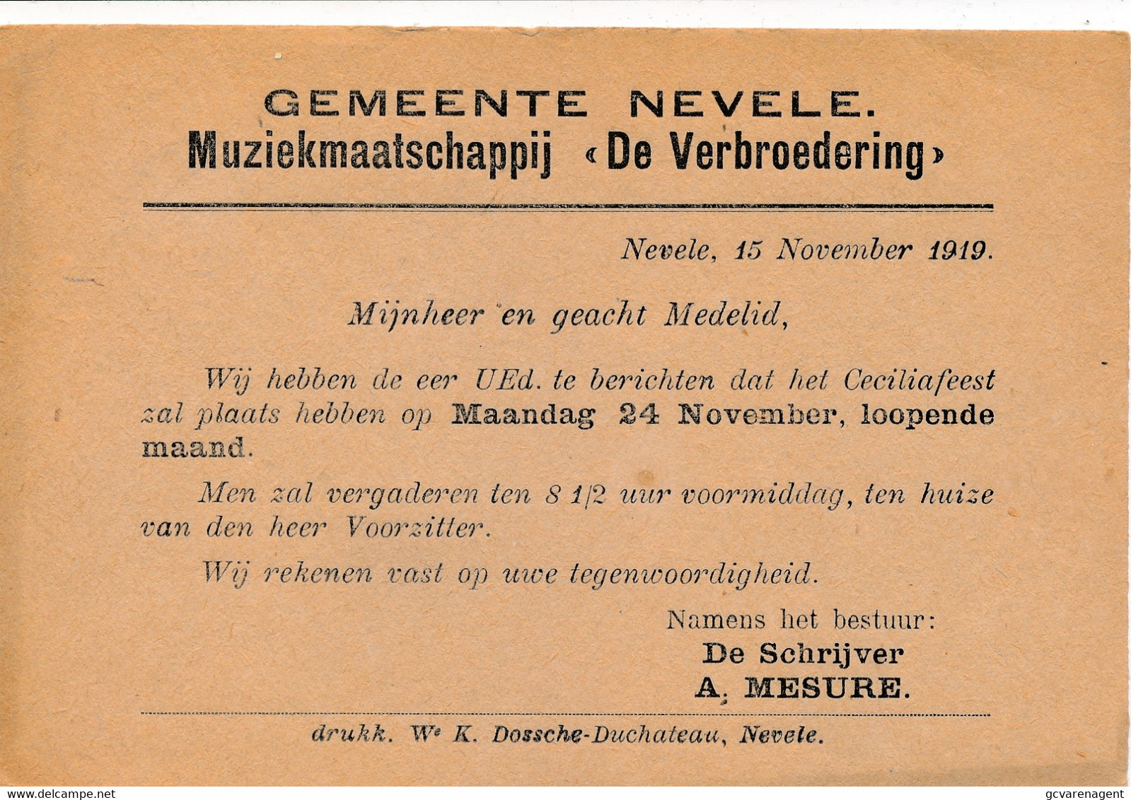 GEMEENTE NEVELE MUZIEKMAATSCHAPPIJ ,, DE VERBROEDERING 19..(19) TE WEINIG ZEGELS         2 SCANS - Nevele