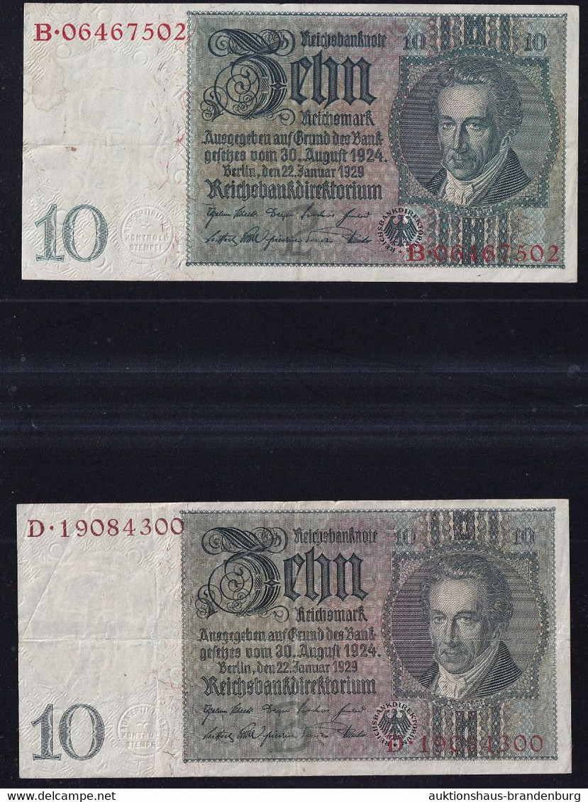 2x 10 Reichsmark 22.1.1929 - Serie B/D + P/B - Braune + Rote KN - Reichsbank (DEU-183a) - 10 Mark