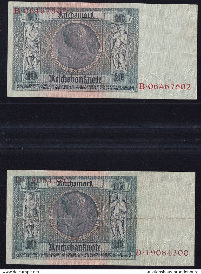 2x 10 Reichsmark 22.1.1929 - Serie B/D + P/B - Braune + Rote KN - Reichsbank (DEU-183a) - 10 Mark