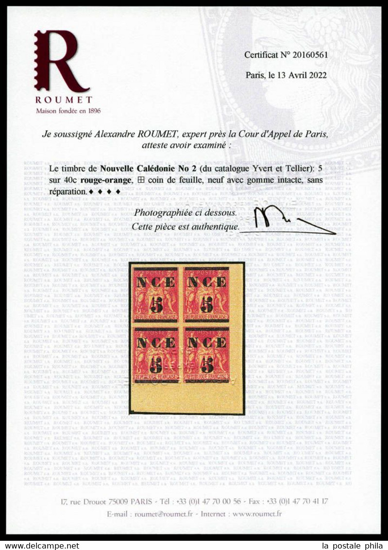 ** N°2, 5 Sur 40c Rouge En Bloc De Quatre Coin De Feuille. Fraîcheur Postale. SUPERBE. R.R. (signé/certificat)  Qualité: - Unused Stamps