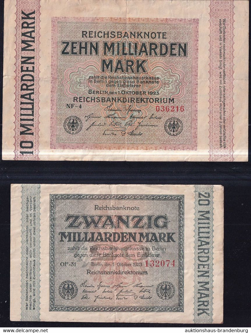10 + 20 Milliarden Mark 1.10.1923 - Wz. Hakensterne - Reichsbank (DEU-136f, 137g) - Verzamelingen