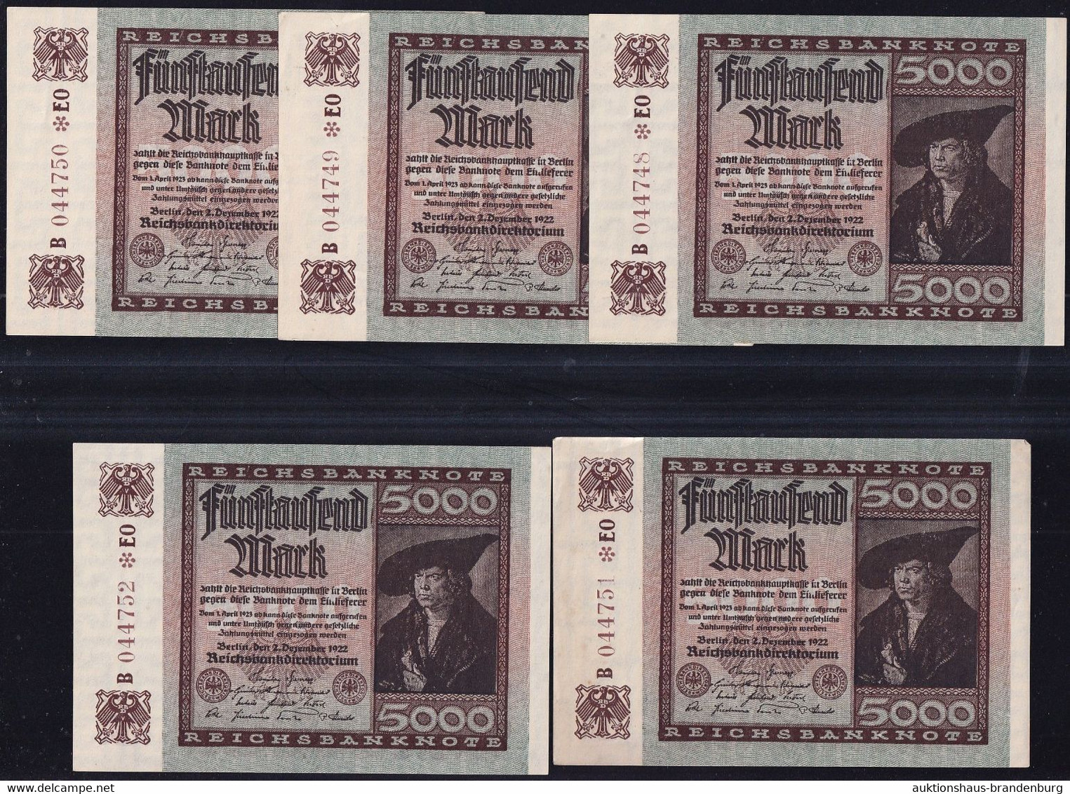 5x 5.000 Mark 2.12.1922 - FZ EO - Wz. Mäander - Laufende KN - Reichsbank (DEU-91b) - 5.000 Mark