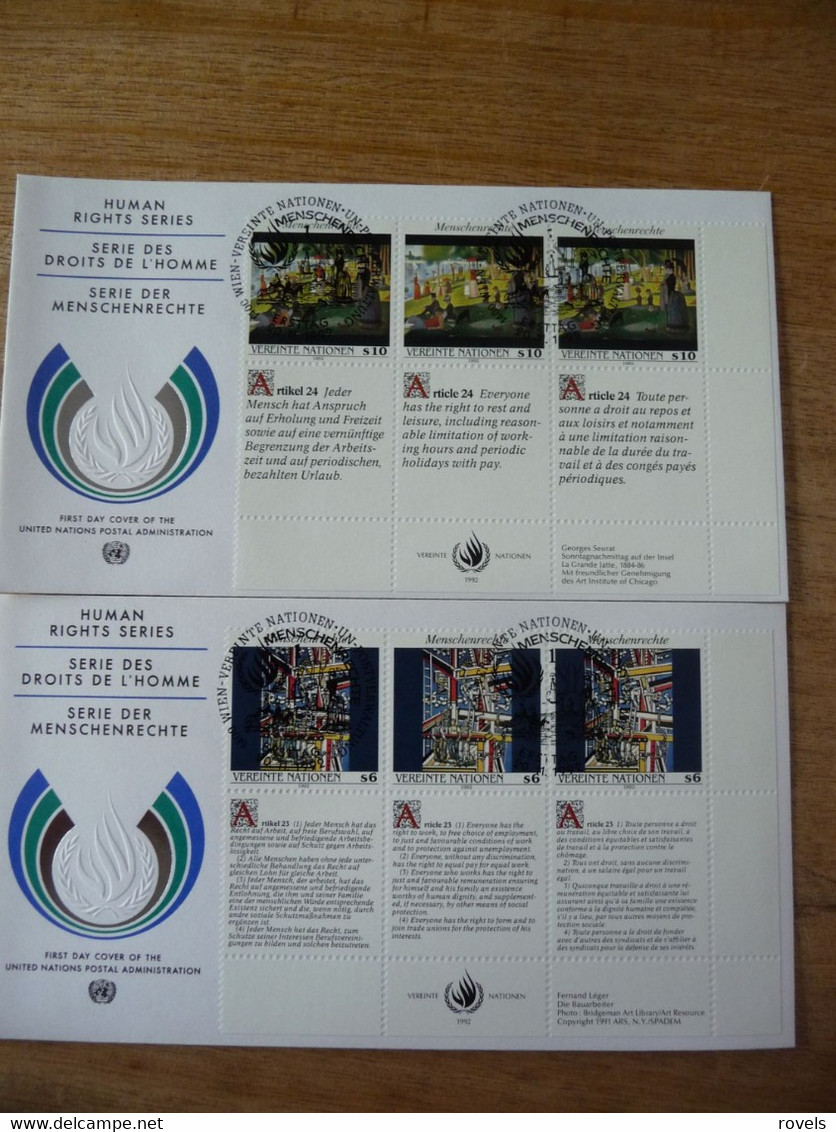 (7) UNITED NATIONS -ONU - NAZIONI UNITE - NATIONS UNIES *  FDC 1992 * Human Rights Fernand Leger Georges Seurat - Covers & Documents