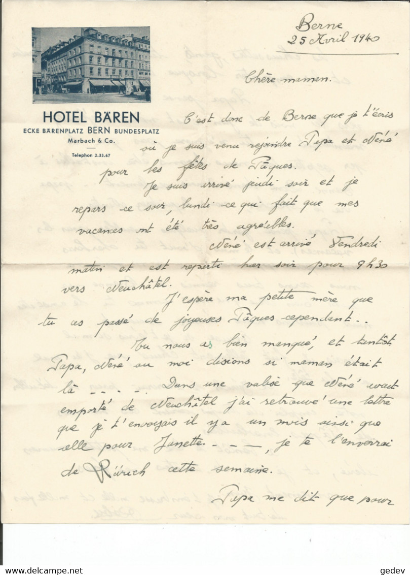 Suisse, Lettre Avec Entête Hotel Bären Bärenplatz Bern (25.4.1940) - Suisse