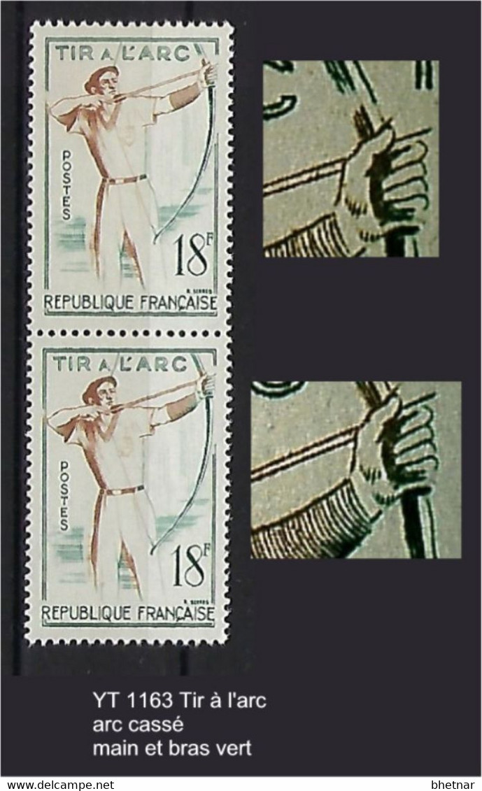 FR Variétés YT 1163 " Tir à L'arc " Arc Cassé - Main Et Bras Verts - Neufs